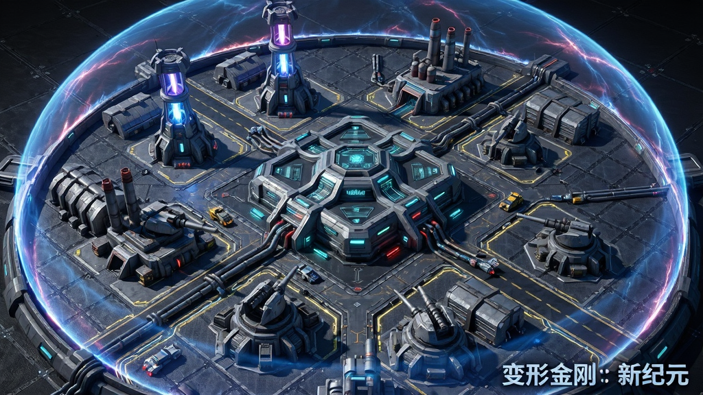 画面展示一个未来科幻风格的军事基地俯瞰图,中央为指挥中心,周围分布着能量塔、工厂、仓库、防御炮台等建筑,基地外围有能量护盾罩,地面为金属网格与发光线路,布局采用俯视鸟瞰视角,风格为科幻写实3D渲染,细节包括建筑上的发光标识、管道连接、小型载具移动,画质为8K超高清,干净无多余元素,画面中带有文字“变形金刚:新纪元”