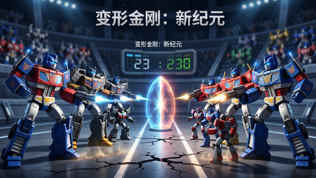 画面展示多个变形金刚机器人组成的战队在竞技场中列阵,前方为敌方战队,双方中间有能量屏障与计分板,背景为巨大的星际竞技场看台,观众席上有模糊的机器人观众,布局采用对称对抗构图,风格为科幻写实3D渲染,细节包括战队徽章、能量武器充能光效、地面震动裂纹,画质为8K超高清,干净无多余元素,画面中带有文字“变形金刚:新纪元”