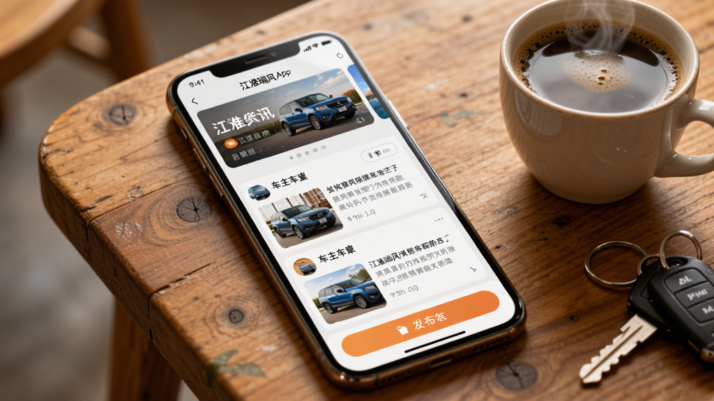画面为手机屏幕内展示江淮瑞风App社区界面,顶部为资讯轮播图,中部为车主帖子列表,包含车辆照片与文字摘要,底部为发布按钮。手机放置在一张木质桌面上,旁边有一杯咖啡和车钥匙。风格为温暖生活风,细节包括屏幕反光、木纹质感、咖啡热气,画质清晰,画面干净无多余元素。