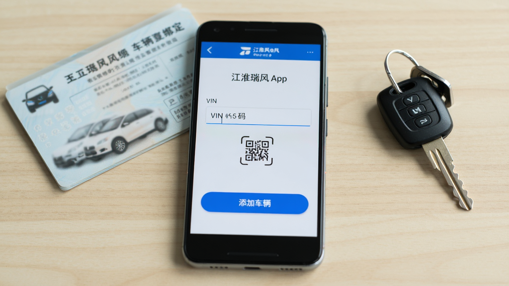 一部安卓手机显示江淮瑞风App的车辆绑定页面,页面中央为VIN码输入框和扫码按钮,下方有“添加车辆”蓝色按钮。手机旁放置一本行驶证和车钥匙,背景为浅色桌面。风格为写实教程风,细节包括屏幕清晰、按钮高亮、行驶证文字模糊处理,画质高清,画面干净无多余元素。