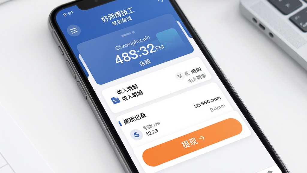 好师傅技工APP钱包提现页面,手机屏幕显示余额数字和提现按钮,布局以卡片列表为主,排版突出金额和提现入口,风格金融简约,细节包含收入明细、提现记录、到账时间,画质高清,干净,无多余元素