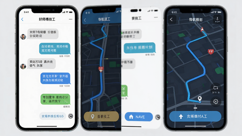 好师傅技工APP聊天与导航界面,手机屏幕分屏显示聊天窗口和地图路线,布局左右分栏,排版突出导航按钮,风格清爽浅色,细节包含聊天气泡、位置共享、路线规划,画质高清,干净,无多余元素
