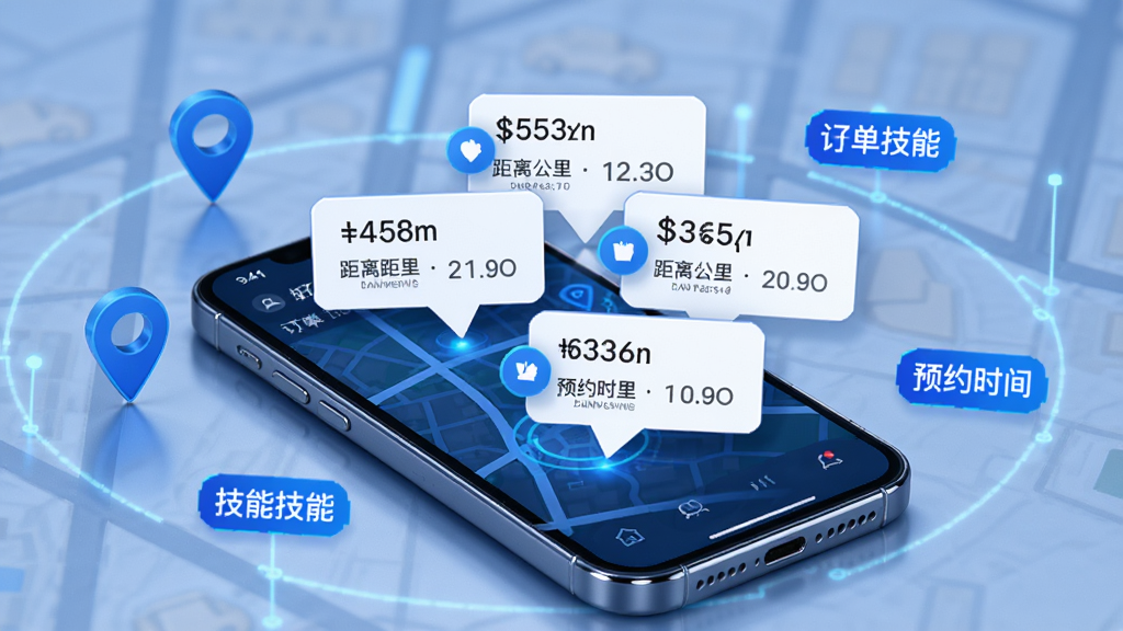 好师傅技工APP智能订单推送功能展示,画面中央是手机屏幕显示多个订单气泡从地图上弹出,周围有定位图标和技能标签,布局以手机为主体,排版突出推送通知,风格科技感蓝色调,细节包含订单金额、距离公里数、预约时间,画质高清,干净,无多余元素