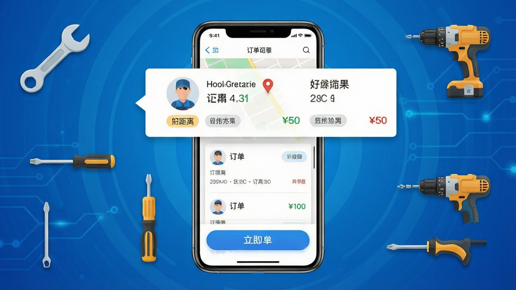 好师傅技工APP首页展示,画面中央是一部智能手机,屏幕显示订单列表和地图定位界面,周围环绕扳手、螺丝刀、电钻等维修工具图标,背景是蓝色渐变科技风格,布局简洁清晰,排版突出订单卡片和接单按钮,风格写实扁平化,细节包含师傅头像、距离标签、价格标签,画质高清,干净,无多余元素