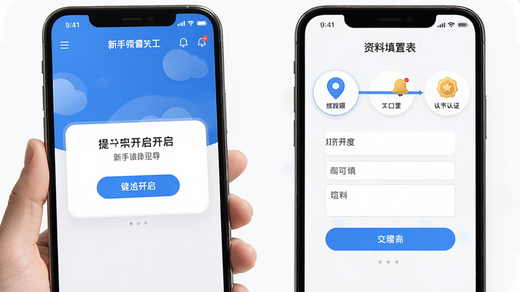 好师傅技工APP新手设置引导页面,手机屏幕显示权限开启提示和资料填写表单,布局以步骤条形式呈现,排版清晰,风格友好亲切,细节包含定位图标、通知图标、认证徽章,画质高清,干净,无多余元素
