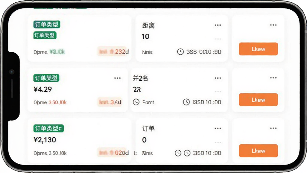 好师傅技工APP抢单大厅界面,手机屏幕显示订单列表和抢单按钮,布局清晰,排版以列表卡片为主,风格简约商务,细节包含订单类型标签、价格、距离、倒计时,画质高清,干净,无多余元素