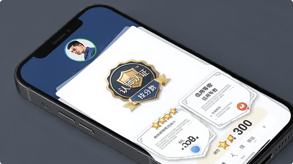 好师傅技工APP技能认证页面,手机屏幕显示认证徽章和信用分数,布局以个人中心卡片为主,排版突出认证标识,风格专业稳重,细节包含证书图标、星级评分、信用等级,画质高清,干净,无多余元素
