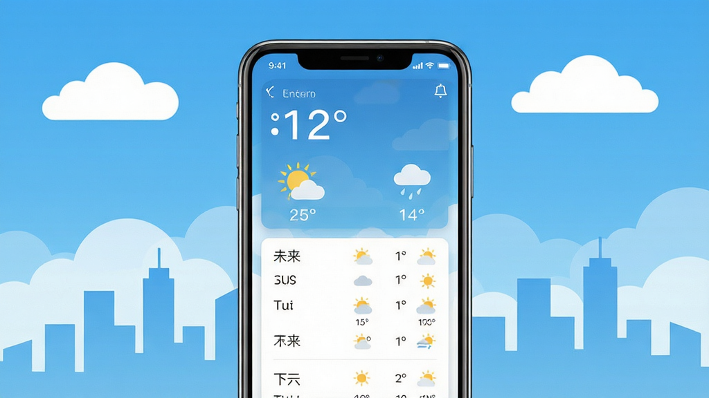 手机天气应用主界面展示,画面中央是一部智能手机,屏幕显示手机天气APP的界面,包含温度数字、天气图标、未来几日预报列表,背景是蓝天白云与城市剪影,布局简洁清晰,风格现代扁平化,细节包含彩色天气图标和白色卡片式设计,画质高清,干净,无多余元素