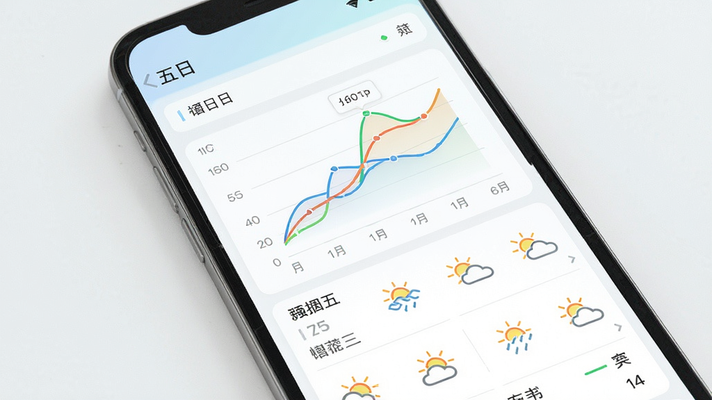 手机天气多日预报界面,画面中手机屏幕展示未来一周天气趋势图,包含折线图与天气图标,布局为竖向列表与图表结合,风格清新浅色,细节包含日期标签和彩色曲线,画质高清,干净,无多余元素