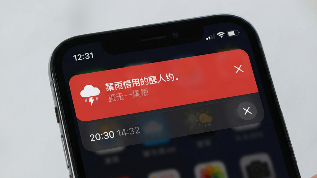 手机天气预警通知界面,画面中手机屏幕顶部弹出红色预警横幅,内容包含暴雨图标和文字提醒,背景是暗色系界面,布局突出通知卡片,风格警示感强但整洁,细节包含时间戳和关闭按钮,画质清晰,干净,无多余元素