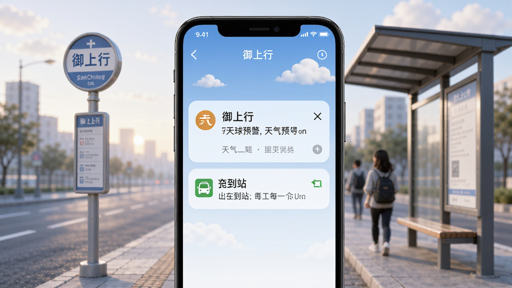 一幅AI生成的图片,画面展示“御上行”应用的实时提醒界面,手机屏幕弹出天气预警与公交到站通知,背景是清晨的城市街道与公交站台,布局以手机屏幕为焦点,风格清新简洁,细节包括站牌、行人、云朵,画质高清,色调柔和,干净无多余元素