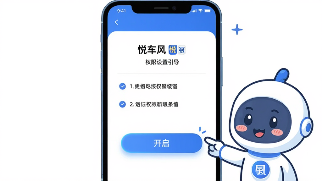 手机屏幕显示“悦东风”应用的权限设置引导页面,页面上有清晰的步骤提示和开启按钮,旁边有一个卡通风格的小助手用手指向屏幕;布局为手机居中,小助手在右侧;风格扁平化插画,色彩以蓝白为主;细节上按钮有微光效果,文字清晰可读;画质干净,无多余元素。