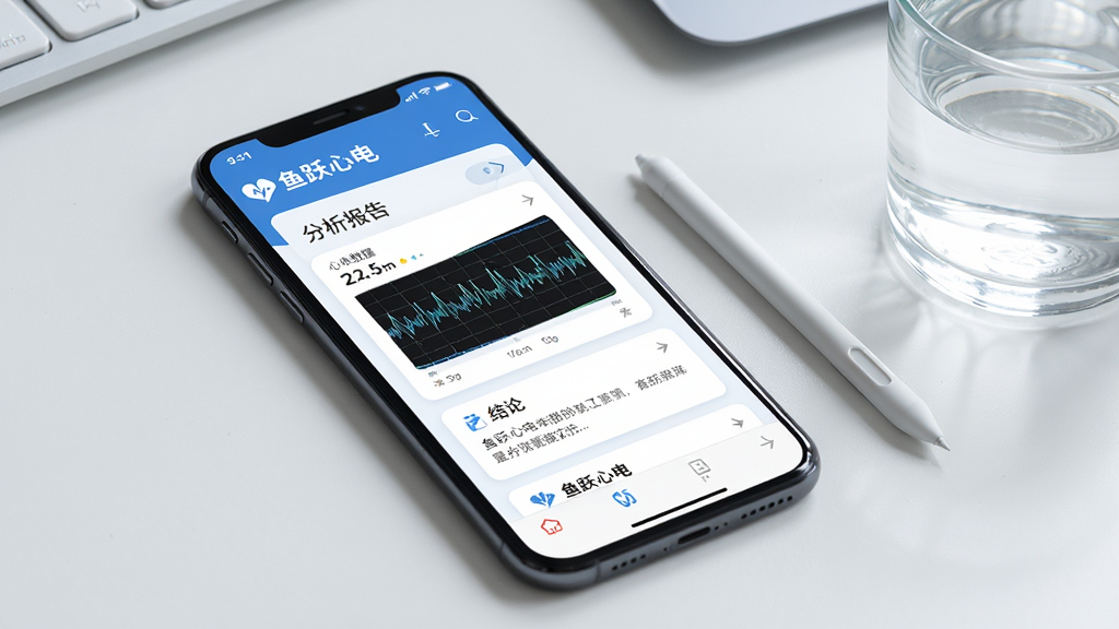 画面主体是一份手机屏幕上的“鱼跃心电”分析报告界面,报告以卡片形式展示心率数据、波形缩略图和结论文字。旁边有一支触控笔和一杯水,营造办公或居家环境。布局为手机斜放,屏幕内容清晰可见。排版干净利落。风格为简约商务医疗风。细节包括报告上的图表、数字和“鱼跃心电”Logo。画质高清,干净,无多余元素。
