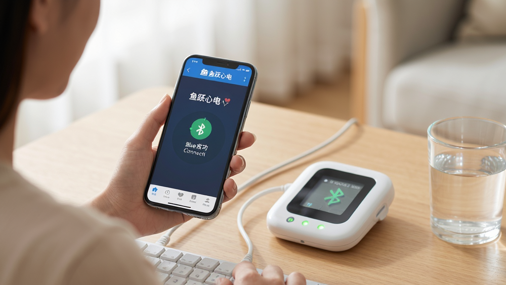 画面主体是一位用户坐在桌前,手持手机使用“鱼跃心电”App,手机屏幕显示蓝牙连接成功界面。桌上放着鱼跃心电设备和一杯水。布局为人像与手机屏幕特写结合。排版自然。风格为居家健康管理场景。细节包括用户放松的姿态、手机上的连接图标、设备指示灯。画质高清,干净,无多余元素。