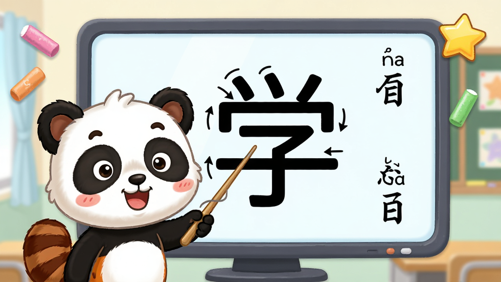 ��ͯʶ����԰Ȥζ����ʶ�ֹ���չʾͼ����������Ϊһ����ͨС��è�ֳֽ̱�ָ�����Ļ�ϵĺ��֡�ѧ���֣���Ļ��Χ�����ű�˳��ͷ��ƴ����ע������Ϊ���й�ͼ���Ű������ˣ����Ϊ�ɰ���ͨ���ϸ�ڰ�����ɫ�۱ʡ����ǽ���ͼ�ꡢ��͵Ľ��ұ��������ʸ���ɾ��޶���Ԫ��