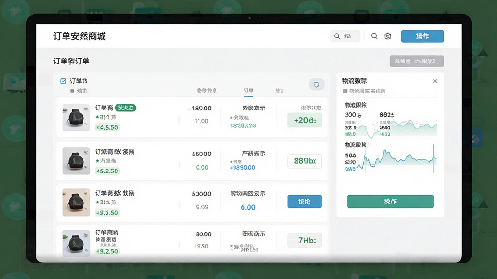 安然商城订单管理页面,画面展示订单列表和物流跟踪信息,包含商品缩略图、订单状态标签和操作按钮,布局清晰,风格清新浅色,细节丰富,画质干净,无多余元素
