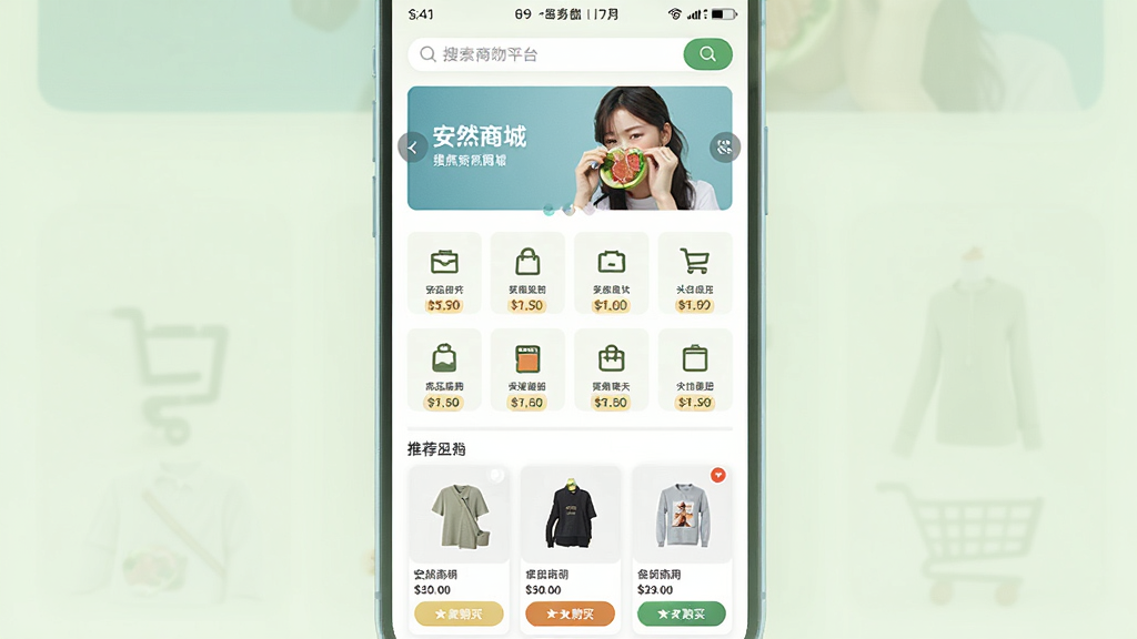 安然商城移动端购物平台主界面,中心位置展示商城首页布局,上方为搜索栏和轮播图,中部为商品分类图标网格,下方为推荐商品卡片列表,整体采用清新浅色风格,细节包含商品缩略图、价格标签和购买按钮,画质清晰,干净整洁,无多余元素