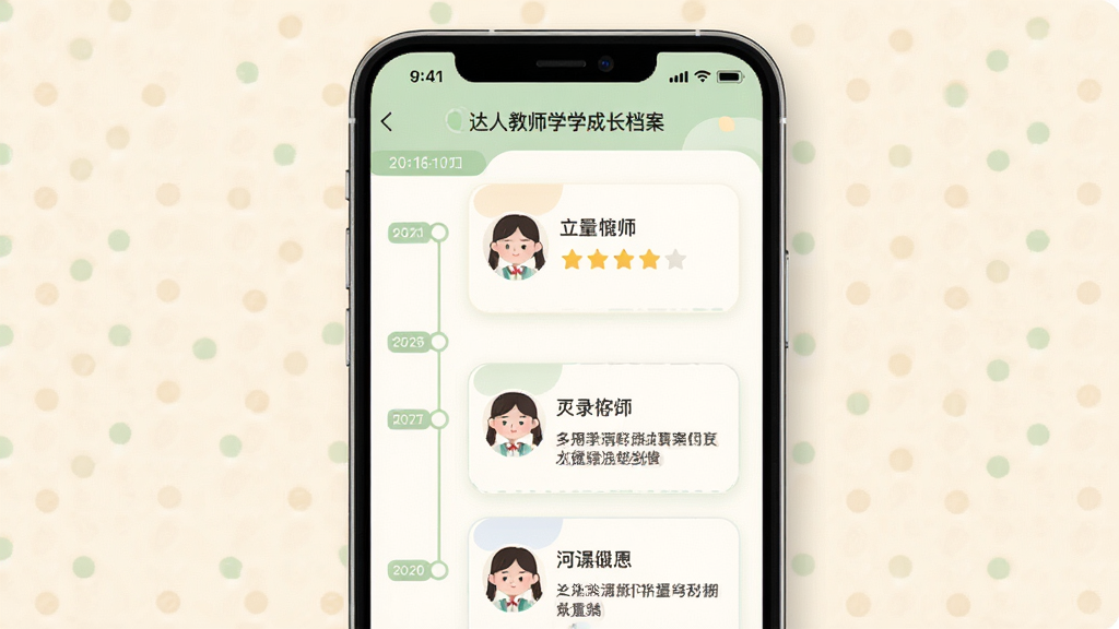 һ��չʾ�����˽�ʦ��ѧ���ɳ�����ҳ��Ĳ�Ʒ��ͼ����������Ϊ�ֻ���Ļ����Ļ�ڳ���ʱ�����б���ѧ��ͷ���������ǡ����ּ�¼������Ϊ�������ʽ������ºͽ����磬ϸ�ڰ���ǳ��ɫ��׺����ƬʽԲ�ǡ����ڱ�ǩ������Ϊ����װ�ɫ�����ʸ��壬�ɾ����޶���Ԫ��