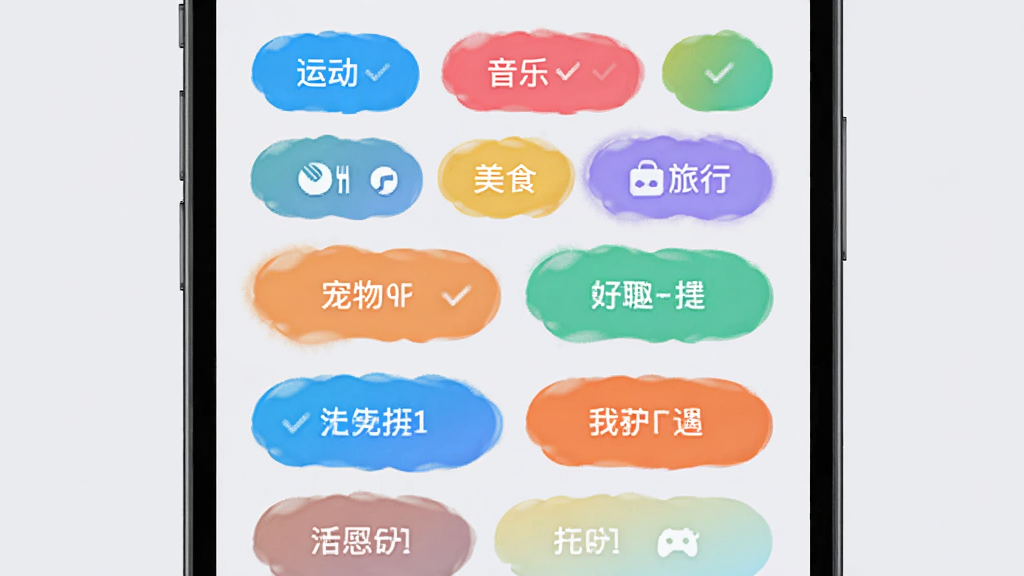 ͬ��̽��APP��Ȥ��ǩѡ��ҳ�棬�ֻ���Ļ����ʾ�����ɫԲ�Ǳ�ǩ��ť�����˶������֡���ʳ�����С�����ȣ����ֱ�ǩ�ѱ���ѡ����������Ϊ���ǳ��ɫ���������Լ���죬���ʸɾ����޶���Ԫ��