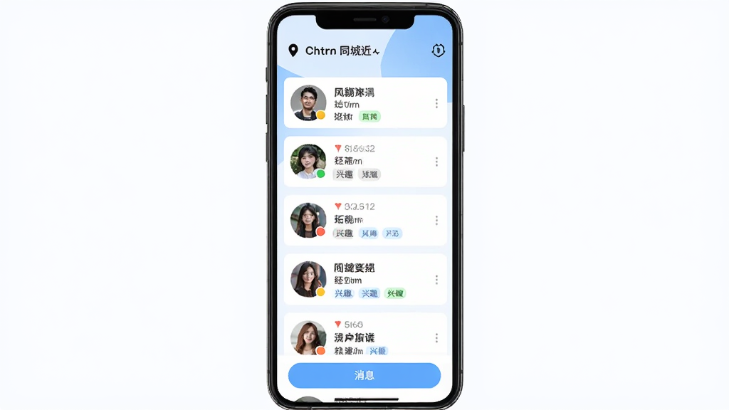 ͬ��̽��APP�������˹��ܽ����ͼ���ֻ���Ļ����ʾ����û���Ƭ�������У�ÿ�ſ�Ƭ����Բ��ͷ���ǳơ��������ֺ���Ȥ��ǩ��ҳ�涥���ж�λ�������ƣ��ײ�����Ϣ��ť������Ϊ�ɾ��İ�ɫ�뵭��ɫ���䣬�����������޶���Ԫ��