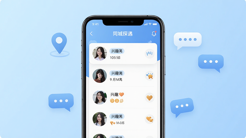 һ��չʾͬ��̽��APP���Ľ�����ֻ�����ͼ������������һ�����������ֻ�����Ļ����ʾͬ��̽���ĸ��������б�ҳ�棬�����û�ͷ�񡢾����ǩ����Ȥͼ�꣬����Ϊǳ��ɫ���䣬��ΧƯ���Ŷ�λͼ�����������ݣ������������ִ���ϸ�����������ʸɾ����޶���Ԫ��