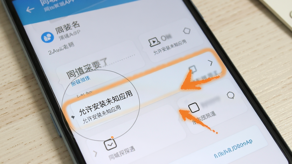 ͬ��̽��APP�ڰ�׿�ֻ��ϵİ�װȨ������ʾ��ͼ���������ֻ���Ļ��ʾ���ò˵���������ע��������װδ֪Ӧ�á�ѡ��Ա��м�ͷָ��������Ϊ����ǳɫ���棬���ֱ�����������ʸɾ����޶���Ԫ��