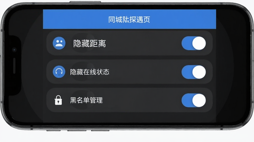 ͬ��̽��APP��˽����ҳ�棬�ֻ���Ļ����ʾ������ذ�ť�������ؾ��롢��������״̬�������������ȣ����������ɫ����ɫΪ��ɫ����ͼ���࣬���ʸɾ����޶���Ԫ��