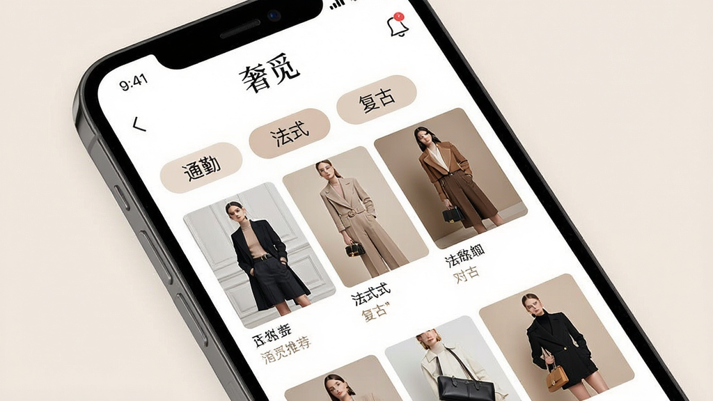 一张展示“奢觅”APP智能推荐页面的效果图,画面主体为手机屏幕特写,屏幕中呈现风格标签选择界面与个性化推荐商品流,标签包含“通勤”“法式”“复古”等字样,商品图片精致,整体配色柔和高级,布局清晰,画质干净,无杂乱元素