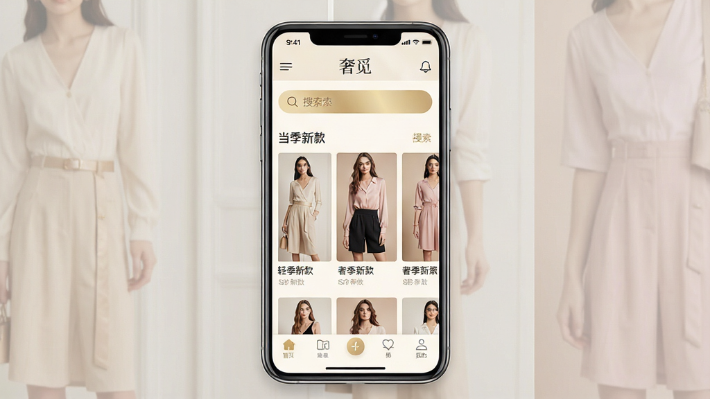 一张干净整洁的移动端应用界面展示图,画面中央是一部智能手机,屏幕内显示着名为“奢觅”的轻奢女装购物APP首页,页面布局包含顶部搜索栏、中部当季新款女装展示区、底部导航栏,整体色调以米白、浅金、柔粉为主,风格优雅简约,细节清晰,画质高清,无多余元素