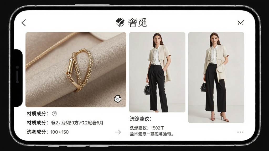 一张“奢觅”APP商品详情页的界面展示图,手机屏幕内显示一件轻奢女装的微距面料特写与模特多角度穿搭图,页面包含材质成分说明与洗涤建议文字,整体风格专业清晰,画质细腻,无多余装饰