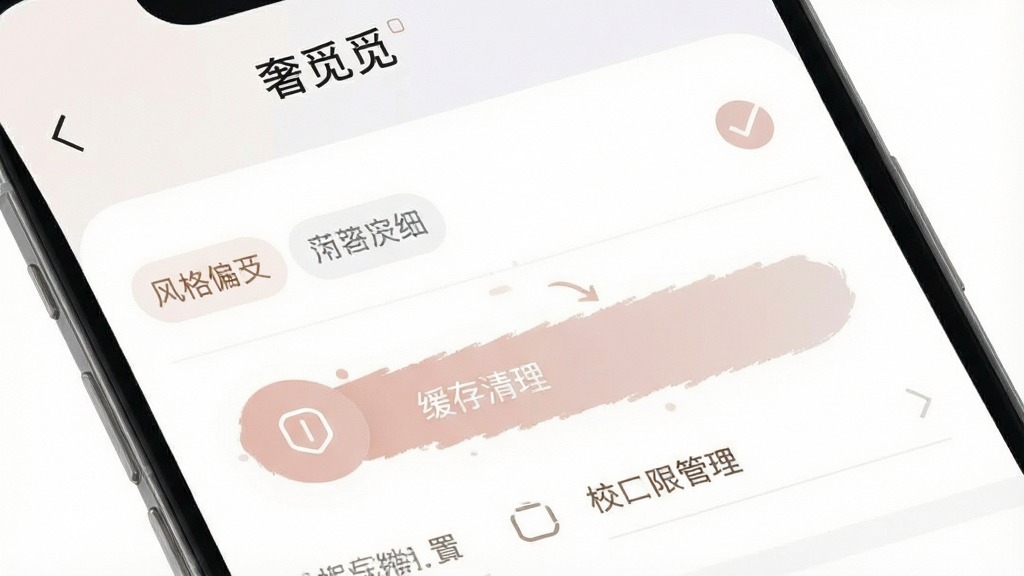 一张展示“奢觅”APP设置界面的手机截图,画面中清晰呈现风格偏好标签勾选状态、缓存清理按钮与权限管理入口,界面风格简洁,配色柔和,文字清晰可辨,画质干净,无多余元素