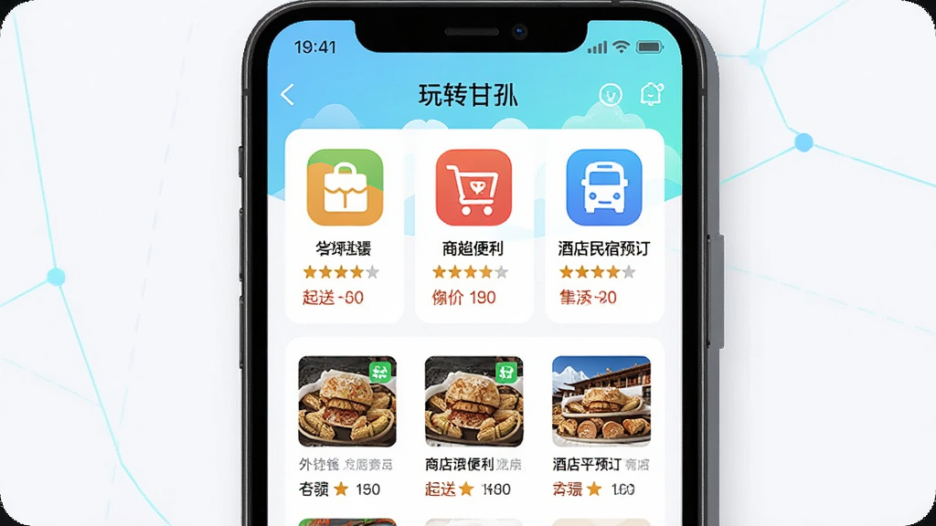 一幅展示“玩转甘孜”APP界面的生图,画面主体为手机屏幕,屏幕内呈现外卖点餐、商超便利、酒店民宿预订等模块的图标与商家列表,排版整洁清晰,背景为浅色系,风格为现代简约科技风,细节包含商家评分、起送价等小元素,画质清晰,干净,无多余元素