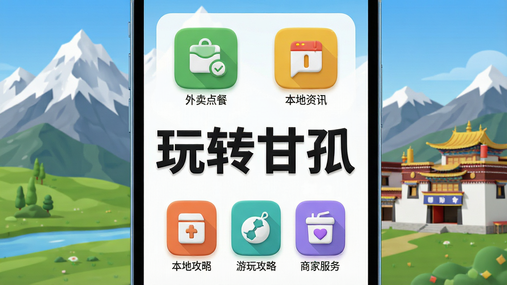 一幅展示智能手机屏幕界面的高清数字插画,手机屏幕中央清晰显示“玩转甘孜”四个大字,界面包含外卖点餐、本地资讯、游玩攻略、商家服务等色彩鲜明的生活服务图标,背景是壮丽的甘孜雪山、草原与藏式建筑,画面布局主次分明,风格为现代扁平化3D质感,细节丰富,画质清晰,干净,无多余元素