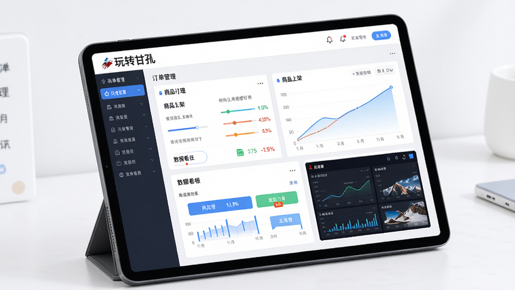 一幅展示“玩转甘孜”商家后台管理界面的生图,画面主体为平板电脑或手机屏幕,屏幕内显示订单管理、商品上架、数据看板等图表与按钮,排版专业清晰,风格为商务科技风,背景简洁,细节包含数据增长曲线与待处理订单提示,画质清晰,干净,无多余元素