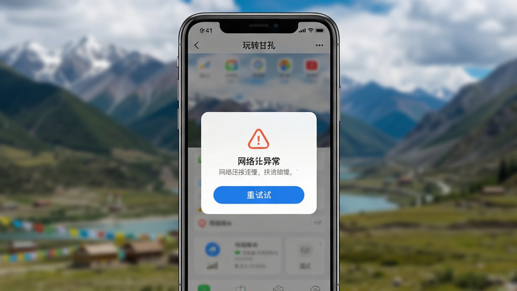 一幅展示手机屏幕上“玩转甘孜”APP出现网络加载缓慢或报错弹窗的界面生图,画面主体为手机屏幕特写,屏幕中央显示网络连接异常的提示图标与文字,背景为模糊的甘孜风景,排版聚焦于问题界面,风格为写实科技风,细节包含信号格与重试按钮,画质清晰,干净,无多余元素