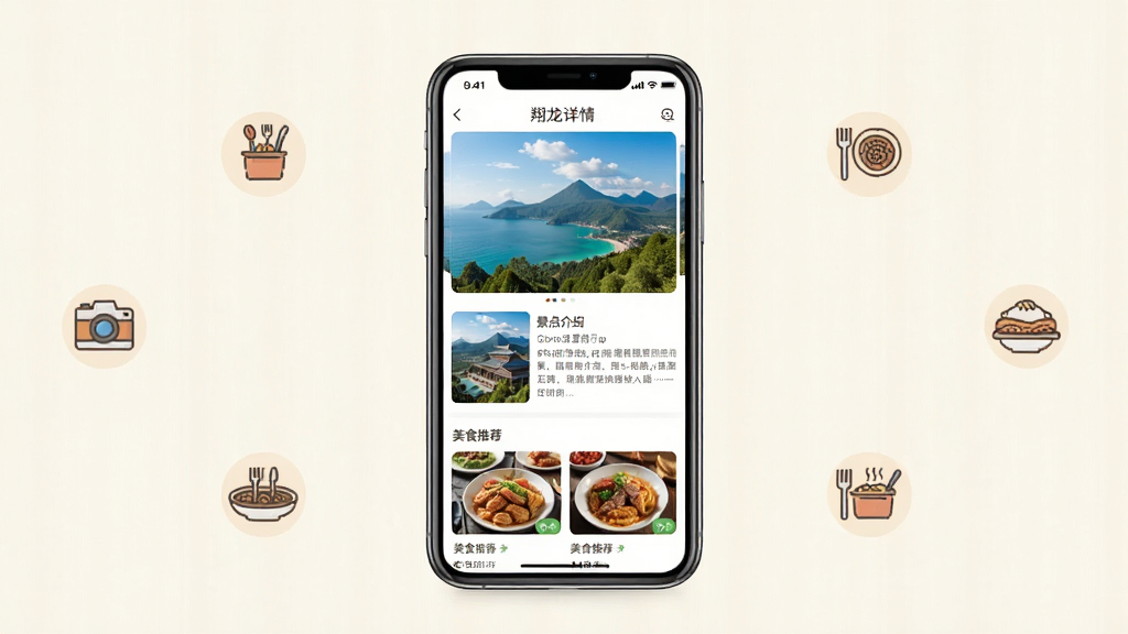 һ��չʾ����Ŀ�ĵ���Ѷҳ���ͼƬ�������������ֻ���Ļ��ʾ����������App��Ŀ�ĵ�����ҳ��ҳ�����з羰ͼƬ������������ֺ���ʳ�Ƽ���飬�����ǵ��ŵ��װ�ɫ����Χ��С���ͼ�����ʳͼ���׺���������ǳɫ���Ű����룬�����������ɾ��޶���Ԫ��