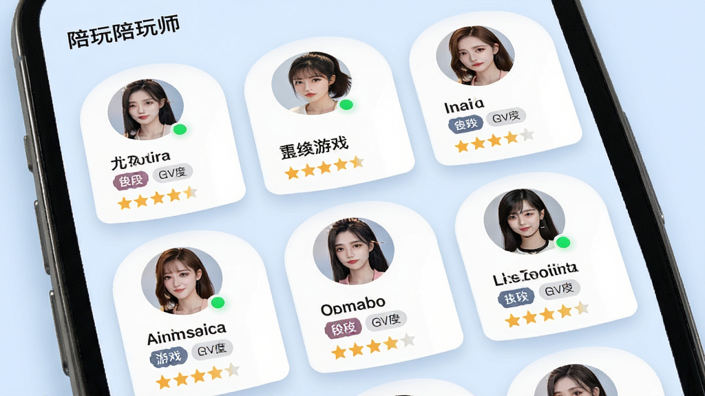 һ��չʾ����APP����ʦ�б�ҳ��ĳ���ͼ����������Ϊ�ֻ���Ļ��д����Ļ�������Ŷ�λ����ʦ��Բ��ͷ��Ƭ��ÿ�ſ�Ƭ��ʾ�ǳơ���Ϸ��λ��ǩ�������Ǽ�������Ϊ����ɫ�������������򣬷���ִ���Լ��ϸ�ڰ�����Ƭ��Ӱ������״̬С�̵㣬�����������ɾ����޶���Ԫ��