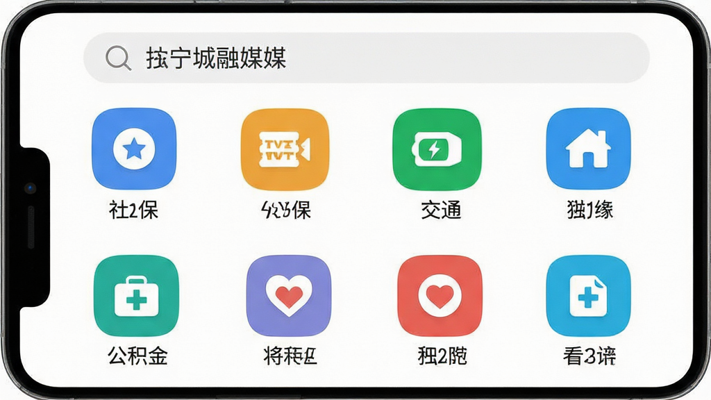 宁城融媒便民服务功能界面,画面展示手机屏幕中排列整齐的政务图标网格,包含社保、公积金、交通、医疗等图标,背景为白色,布局采用正视角平铺展示,风格为清爽极简,细节包含图标下方的中文标签和顶部搜索栏,画质高清,干净,无多余元素