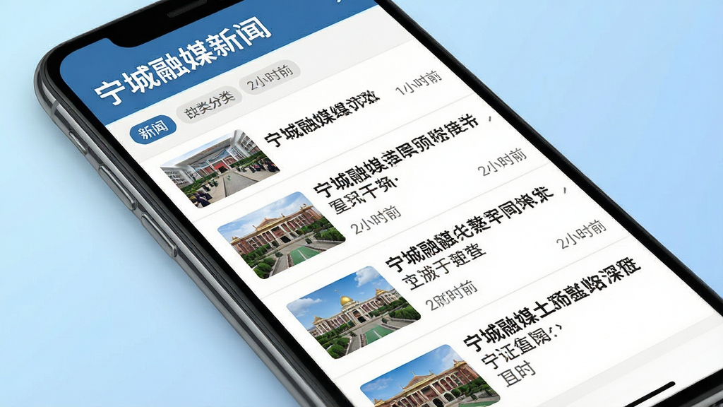 宁城融媒新闻资讯页面展示,画面主体为手机屏幕特写,屏幕中呈现宁城本地新闻列表,每条新闻配有小图和标题文字,背景为浅蓝色渐变,布局采用倾斜视角展示手机,风格为简洁商务,细节包含新闻分类标签和更新时间戳,画质清晰,干净,无多余元素