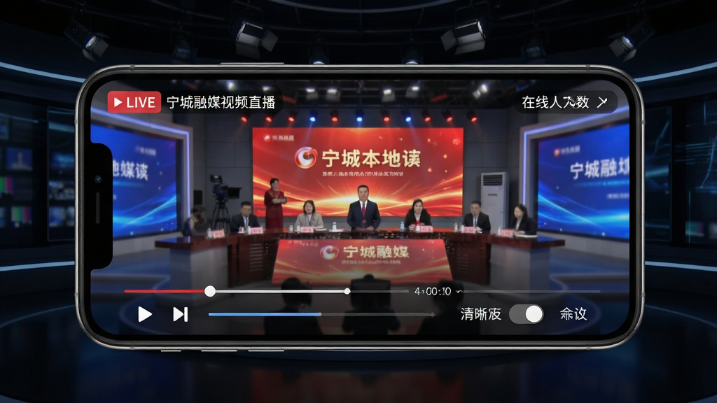 宁城融媒视频直播界面,画面主体为手机横屏展示,屏幕中正在播放宁城本地活动直播画面,底部有播放控制条和清晰度切换按钮,背景为深色演播室风格,布局采用横屏居中,风格为现代科技感,细节包含直播角标和在线人数显示,画质清晰,干净,无多余元素