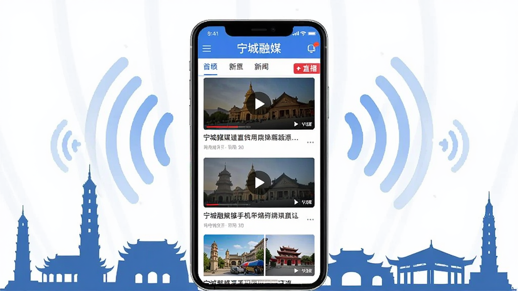 宁城融媒手机客户端首页界面展示,画面中央是一部竖屏智能手机,屏幕内显示新闻资讯列表和顶部导航栏,手机周围环绕宁城地标建筑剪影和融媒体信号波纹图标,布局采用居中构图,风格为现代扁平化科技感,细节包含新闻缩略图、视频播放按钮和直播角标,画质高清,干净,无多余元素