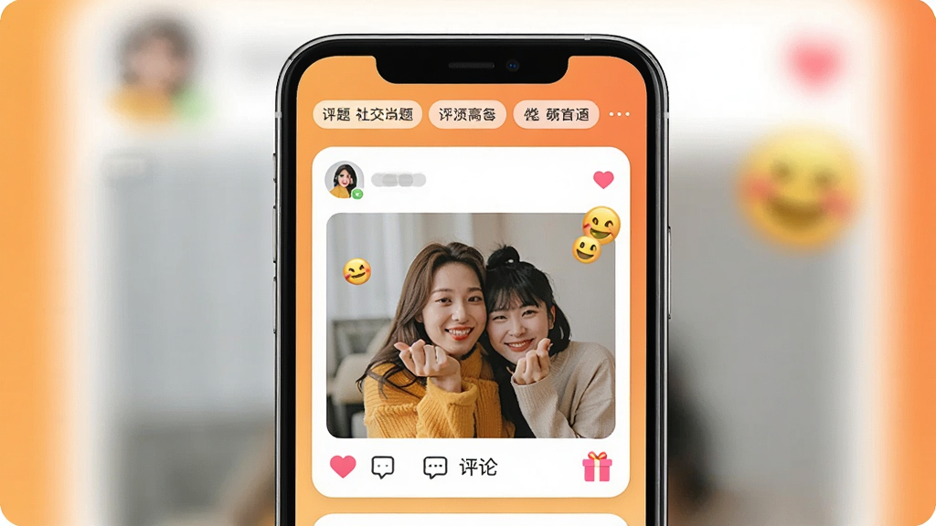 һ�ű���APP�罻�㳡�������ͼ����������Ϊ�ֻ���Ļ����Ļ��չʾ�û�������ͼ�Ķ�̬��Ƭ���������ޡ����ۺ�����ͼ�꣬�����л����ǩ��������Ϊů��ɫ���䣬��������ܰ��ϸ�ڰ���Բ�ǿ�Ƭ�ͱ�����ţ������������ɾ����޶���Ԫ��