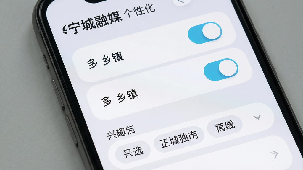 宁城融媒个性化设置界面,画面展示手机屏幕中订阅管理页面,包含多个乡镇名称开关按钮和兴趣标签选择,背景为浅灰色,布局采用纵向列表展示,风格为柔和圆角,细节包含开关控件和已选标签高亮显示,画质清晰,干净,无多余元素