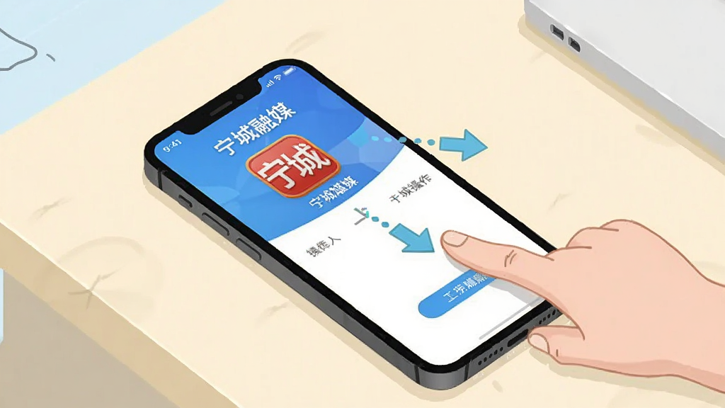宁城融媒移动端操作示意图,画面展示一部手机正在显示宁城融媒应用界面,旁边有手指点击屏幕的示意动作,背景为浅色桌面,布局采用斜角俯视,风格为教程插图风格,细节包含应用图标和操作指引箭头,画质清晰,干净,无多余元素