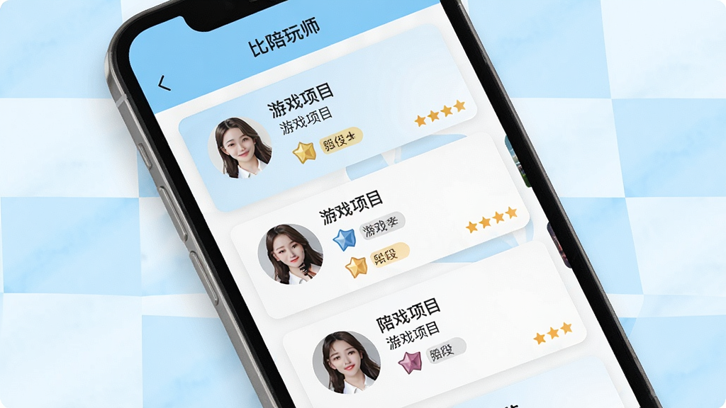 һ��չʾ����App����ʦ�б�ҳ��ĳ���ͼ���������ֻ���Ļ��ʾ��λ����ʦ�Ŀ�Ƭʽ���У�ÿ�ſ�Ƭ����ͷ���ǳơ���Ϸ��Ŀ����λͼ������֣�����ʹ��ǳ��ɫ���ɫ����ļ��������ͻ�����������������ʸɾ����޶���Ԫ��