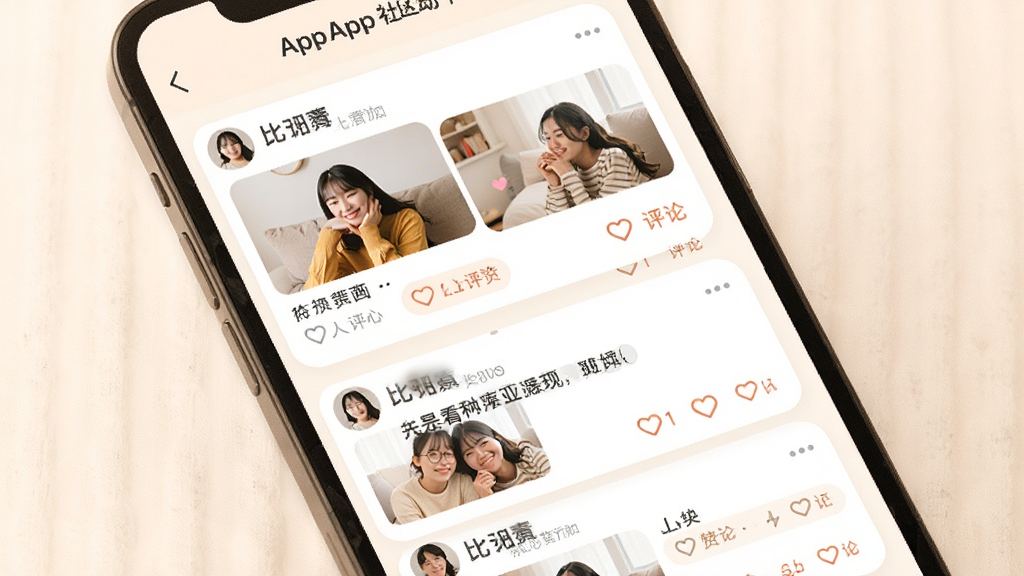 һ��չʾ����App������̬ҳ��ĳ���ͼ���������ֻ���Ļ��ʾ�����û���̬��Ƭ������ͼƬ�����������͵������۰�ť������Ϊů��ɫ������ƬԲ����ƣ���������ܰ���ʣ��Ű����룬���ʸɾ����޶���Ԫ��