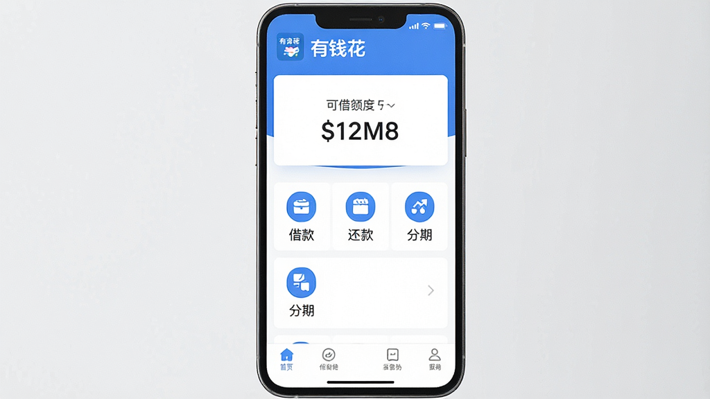 һ���ֻ���Ļչʾ��Ǯ��App��ҳ���棬ҳ�涥����ʾ����Ǯ����Ʒ�Ʊ�ʶ��ɽ������֣��в����н�������ڵ���Ҫ�������ͼ�꣬�ײ�Ϊ���������������������ɫ�������רҵ�������������ɾ����޶���Ԫ��
