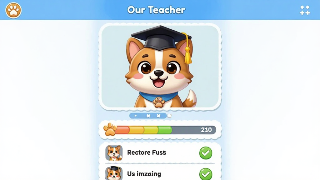 һ����ΪOur Teacher���ֻ�Ӧ�ý����ͼ������չʾ��������ҳ�棬������һֻ����ѧʿñ�Ŀ�ͨ�������Ϊ�Ϸ�����չʾ�����·����ֽ������������б����Ű����룬���Ϊ���쿨ͨ�磬ϸ�ڰ���������顢������ֵ������ѡ״̬�����������ɾ��޶���Ԫ��