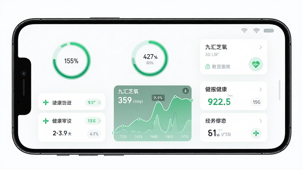 九汇芝氧软件主界面展示,主体为一部智能手机,屏幕内显示健康数据仪表盘和曲线图表,布局居中,排版整洁,风格为现代扁平化科技风,细节包括圆形进度条、绿色健康主题色、卡片式数据模块,画质高清,干净,无多余元素