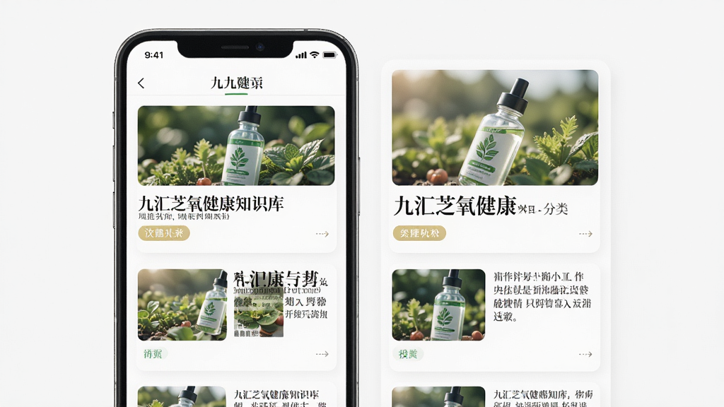 九汇芝氧健康知识库页面,主体为手机应用内的文章列表,布局为双列卡片流,排版疏朗,风格为杂志化排版,细节包括文章封面图、标题文字、分类标签,画质高清,干净,无多余元素